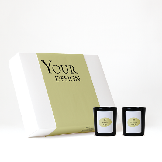 Caja regalo personalizado con fajín | 2 velas personalizadas | Vaso cristal transparente/negro + etiqueta logo/diseño