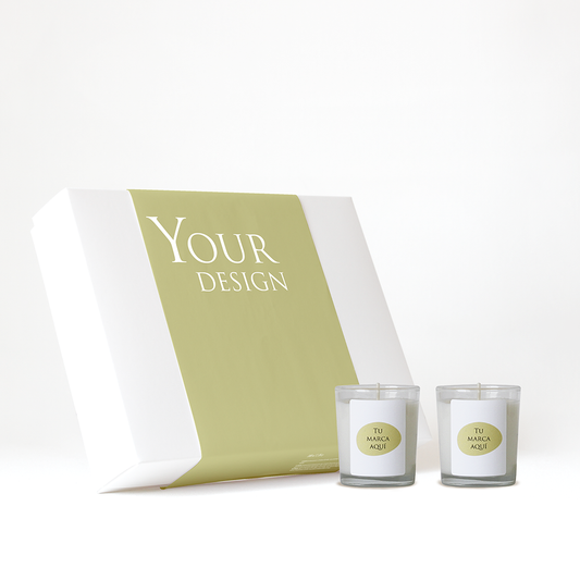 Caja regalo personalizado con fajín | 2 velas personalizadas | Vaso cristal transparente/negro + etiqueta logo/diseño