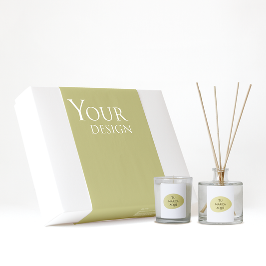 Caja regalo personalizado con fajín | Vela y mikado personalizados | Vaso cristal transparente/negro + etiqueta logo/diseño