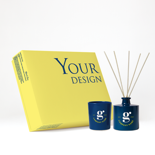 Caja regalo personalizado | Vela y mikado personalizado | Vaso cristal tintado + serigrafia logo/diseño