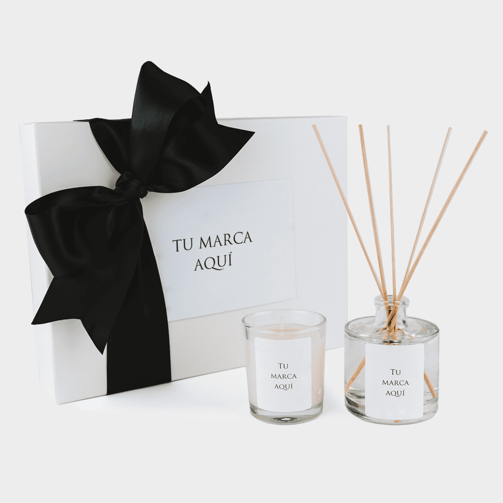 Personalized gift box with ribbon + logo/design tag | Personalized candle and mikado | Transparent/black glass