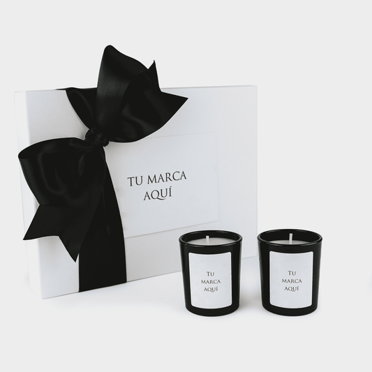 Caja regalo personalizado con lazo + etiqueta logo/diseño | 2 velas personalizadas | Vaso cristal transparente/negro