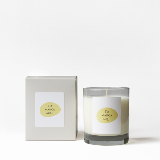 Vela personalizada | Tamaño L 280g |Vaso de cristal transparente con caja beige + etiqueta logo/diseño