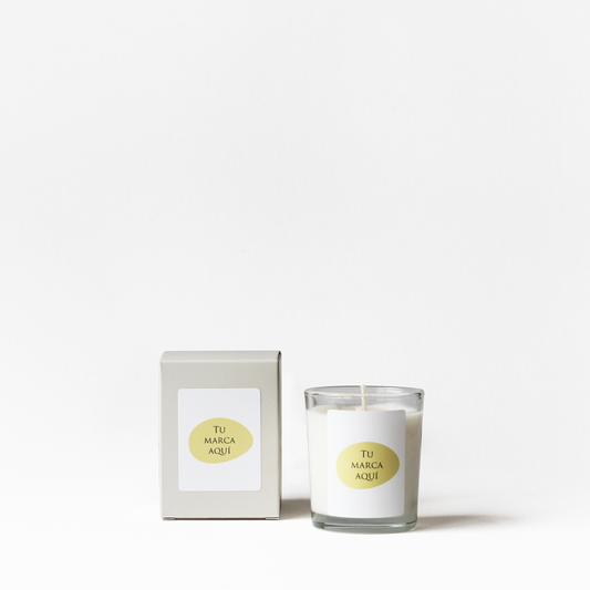 Vela personalizada | Tamaño S 80g |Vaso de cristal transparente con caja beige + etiqueta logo/diseño