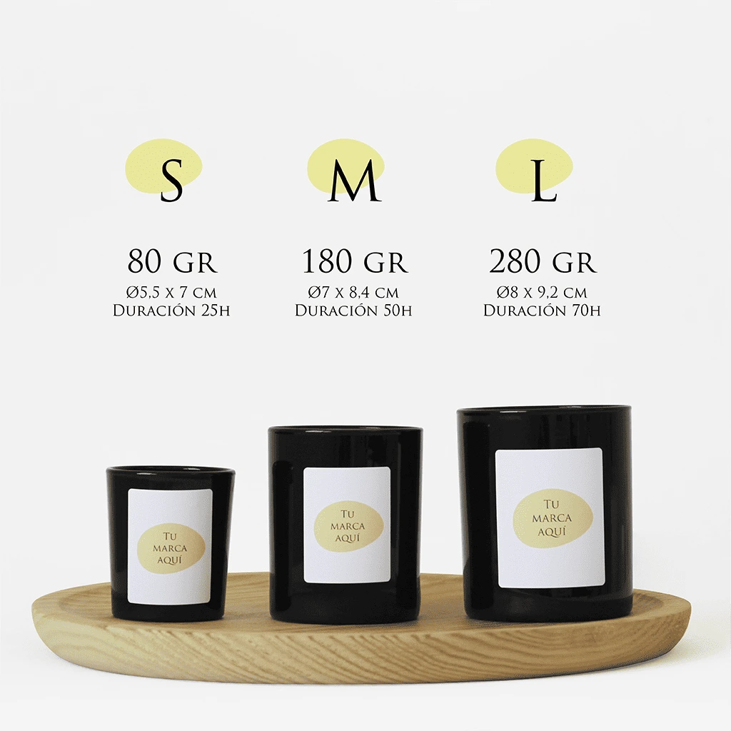 Velas Aromaticas Personalizadas, recipiente de cristal de alta calidad, en color negro, sin tapa, hecha de cera natural 100% en tres tamaños: 80g, 180g y 280g
