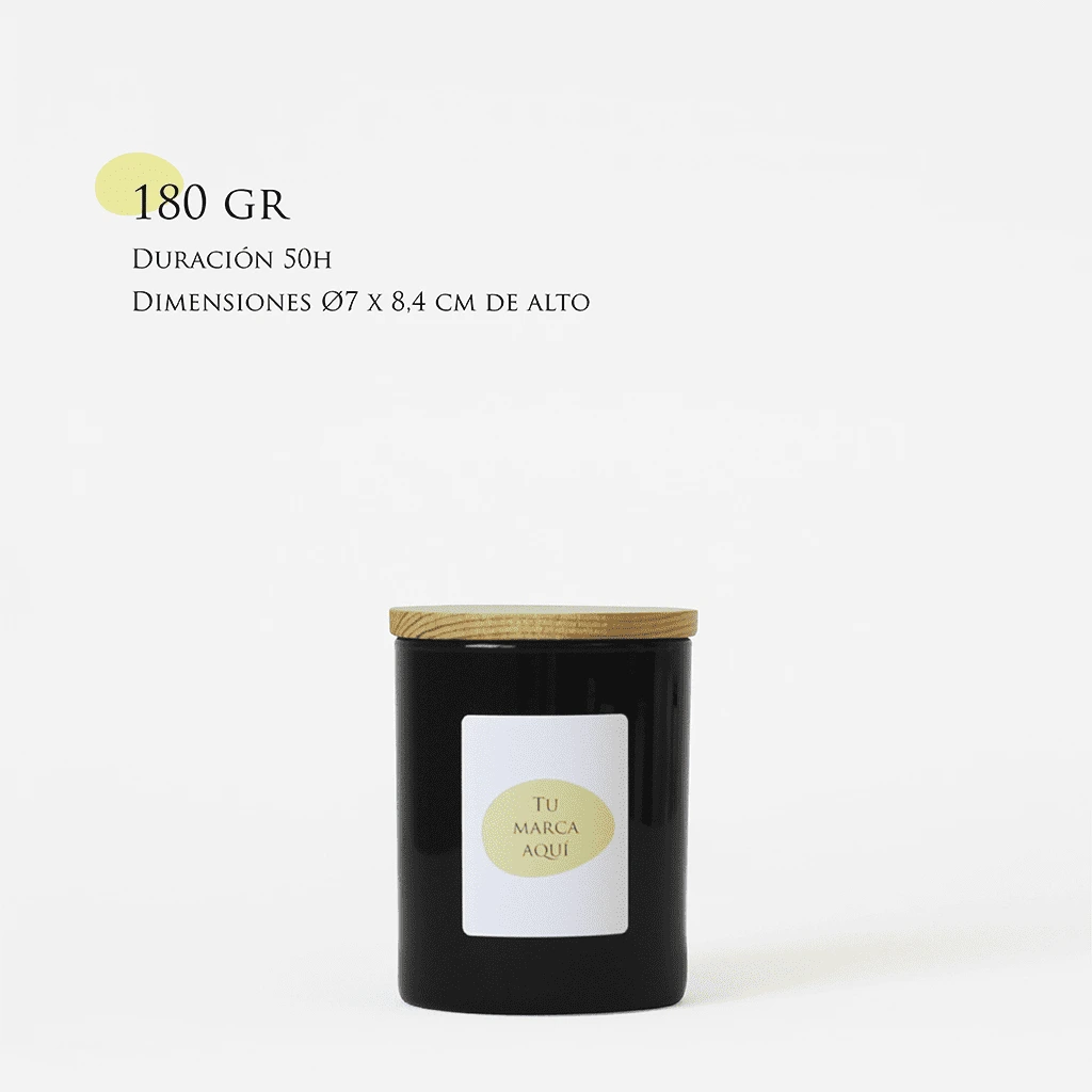 Velas Aromaticas Personalizadas, recipiente de cristal de alta calidad, color transparente, con tapa de madera, hecha de cera natural 100% y un peso de 180g