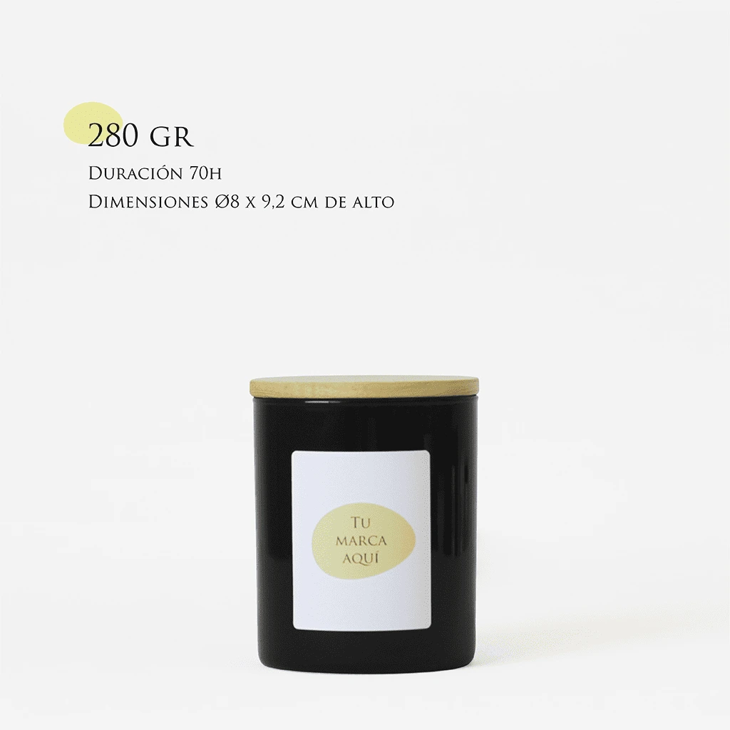 Velas Aromaticas Personalizadas, recipiente de cristal de alta calidad, en color negro, con tapa de madera, hecha de cera natural 100% y un peso de 280g
