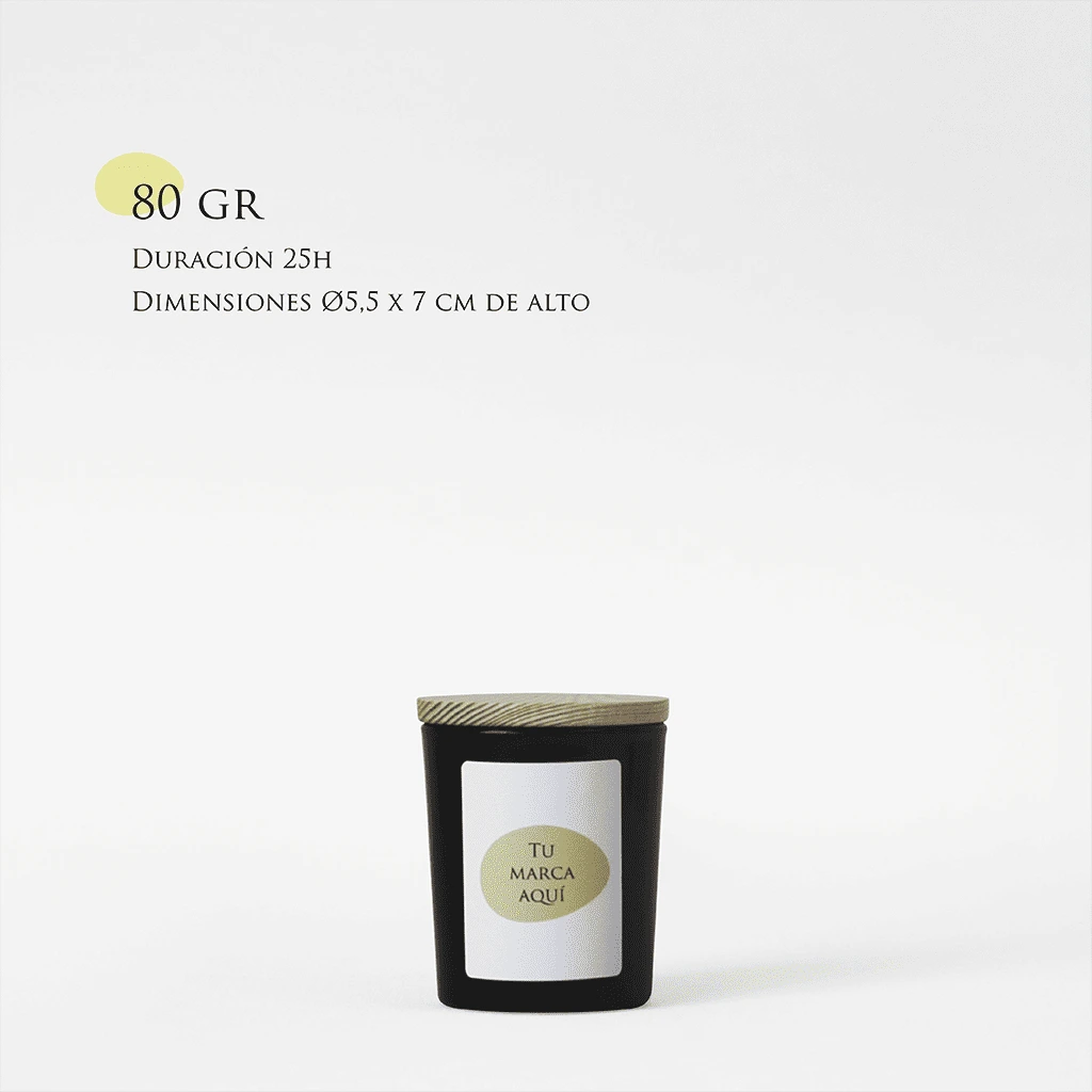 Velas Aromaticas Personalizadas, recipiente de cristal de alta calidad, color negro, con tapa de madera, hecha de cera natural 100% y un peso de 80g