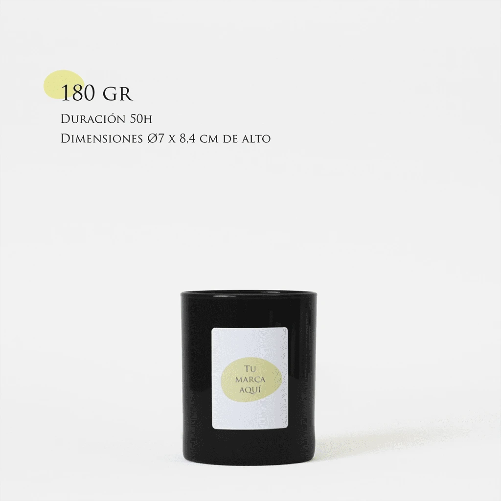 Velas Aromaticas Personalizadas, recipiente de cristal de alta calidad, en color negro, hecha de cera natural 100% y un peso de 180g