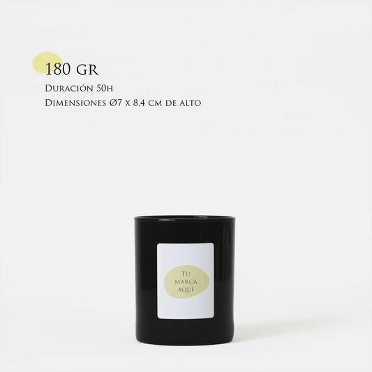 Velas Aromaticas Personalizadas, recipiente de cristal de alta calidad, en color negro, hecha de cera natural 100% y un peso de 180g