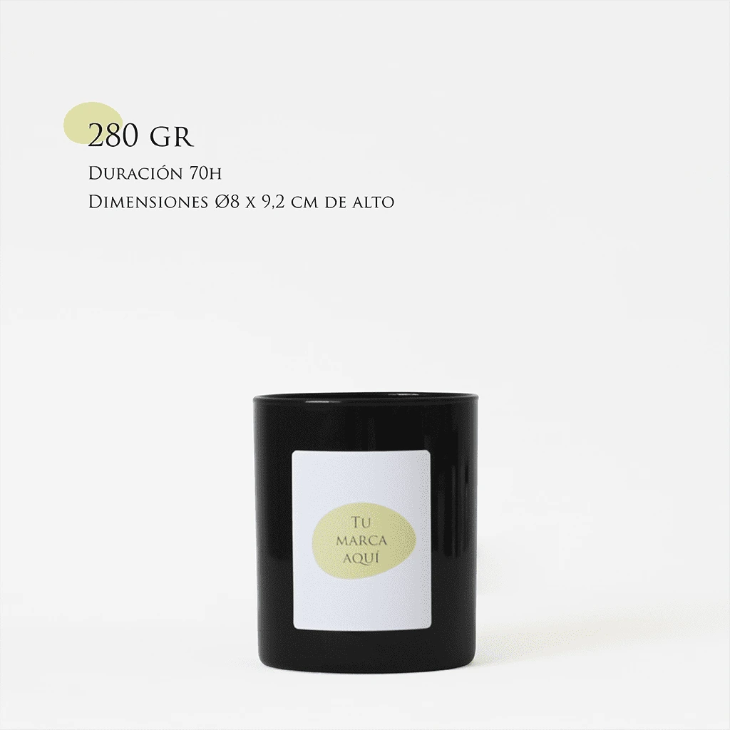 Velas Aromaticas Personalizadas, recipiente de cristal de alta calidad, en color negro, hecha de cera natural 100% y un peso de 280g