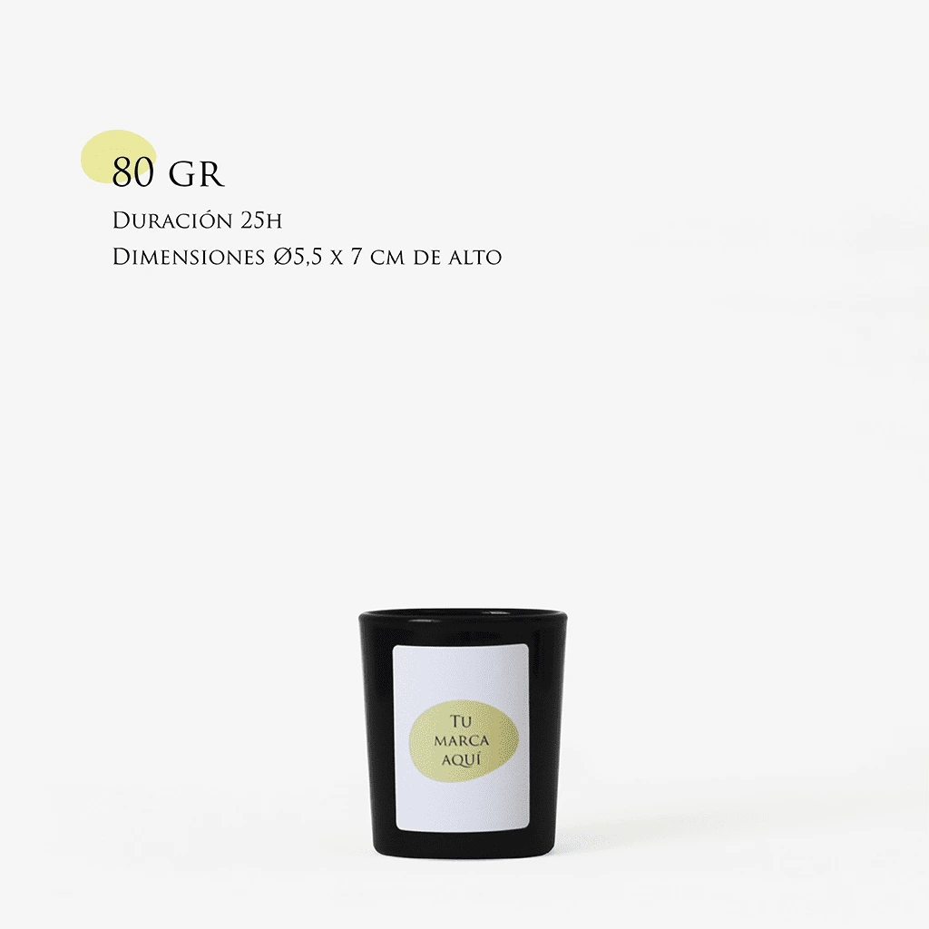 Velas Aromaticas Personalizadas, recipiente de cristal de alta calidad, en color negro, hecha de cera natural 100% y un peso de 80g