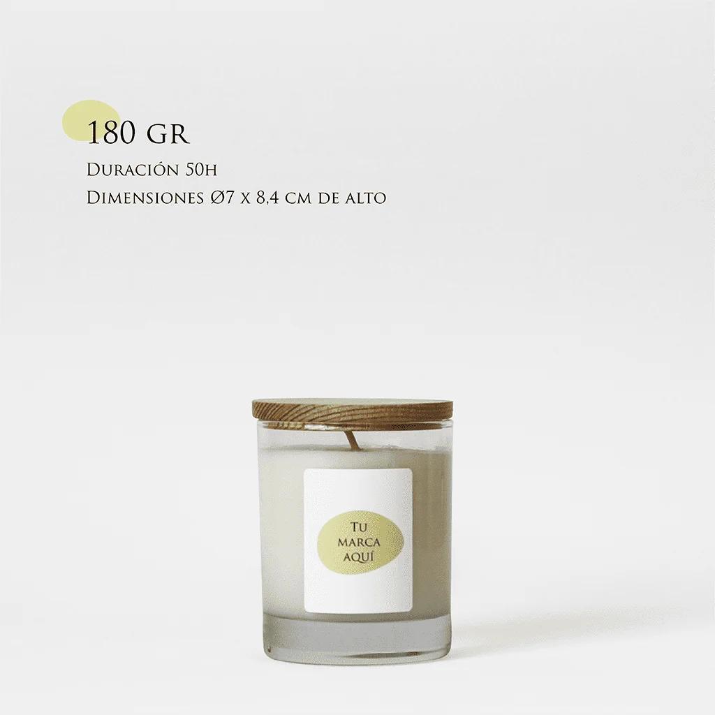 Velas Aromaticas Personalizadas, recipiente de cristal de alta calidad, color transparente, con tapa de madera, hecha de cera natural 100% y un peso de 180g