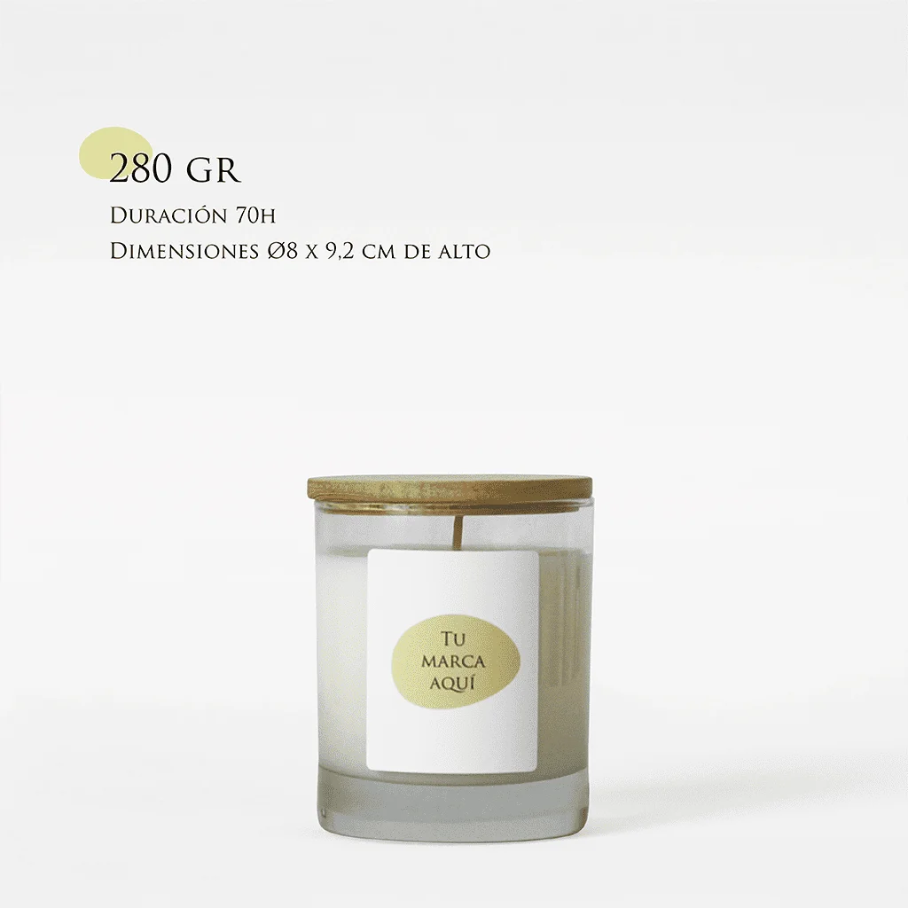 Velas Aromaticas Personalizadas, recipiente de cristal de alta calidad, color transparente, con tapa de madera, hecha de cera natural 100% y un peso de 280g