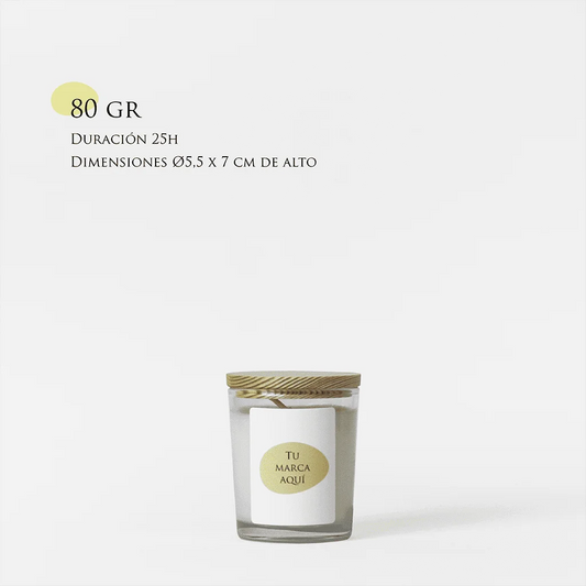 Velas Aromaticas Personalizadas, recipiente de cristal de alta calidad, color transparente, con tapa de madera, hecha de cera natural 100% y un peso de 80g