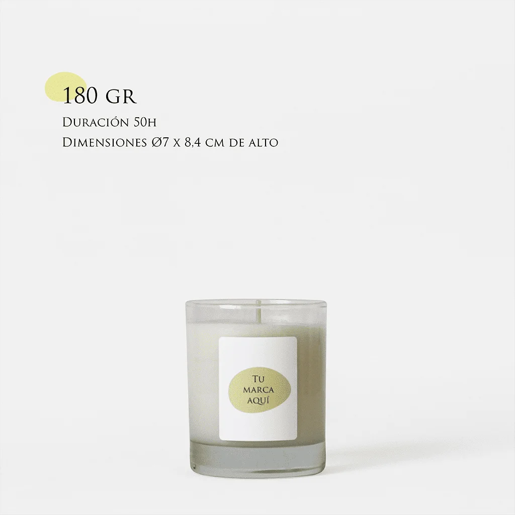Velas Aromaticas Personalizadas, recipiente de cristal de alta calidad, en color transparente, hecha de cera natural 100% y un peso de 180g