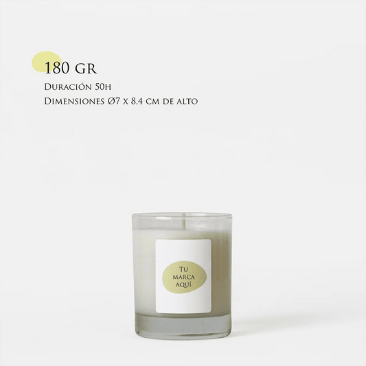 Velas Aromaticas Personalizadas, recipiente de cristal de alta calidad, en color transparente, hecha de cera natural 100% y un peso de 180g