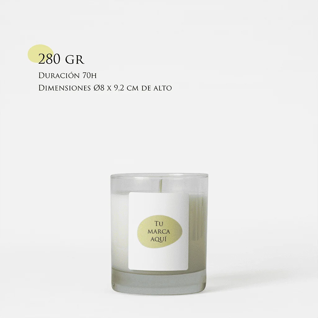 Velas Aromaticas Personalizadas, recipiente de cristal de alta calidad, en color transparente, hecha de cera natural 100% y un peso de 280g