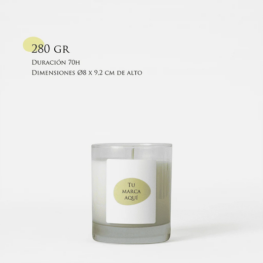 Velas Aromaticas Personalizadas, recipiente de cristal de alta calidad, en color transparente, hecha de cera natural 100% y un peso de 280g