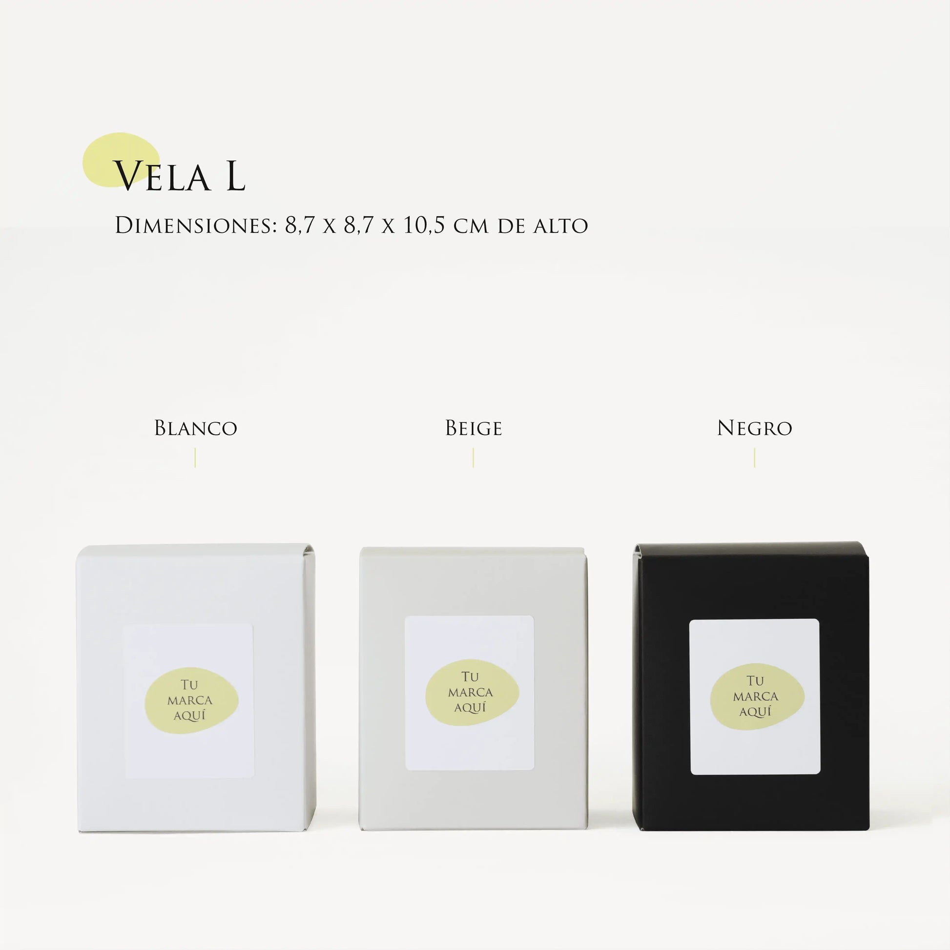 Cajas para las Velas Aromaticas Personalizadas, en colores Negro, Beige y Blanco.Con un tamaño de 280g.