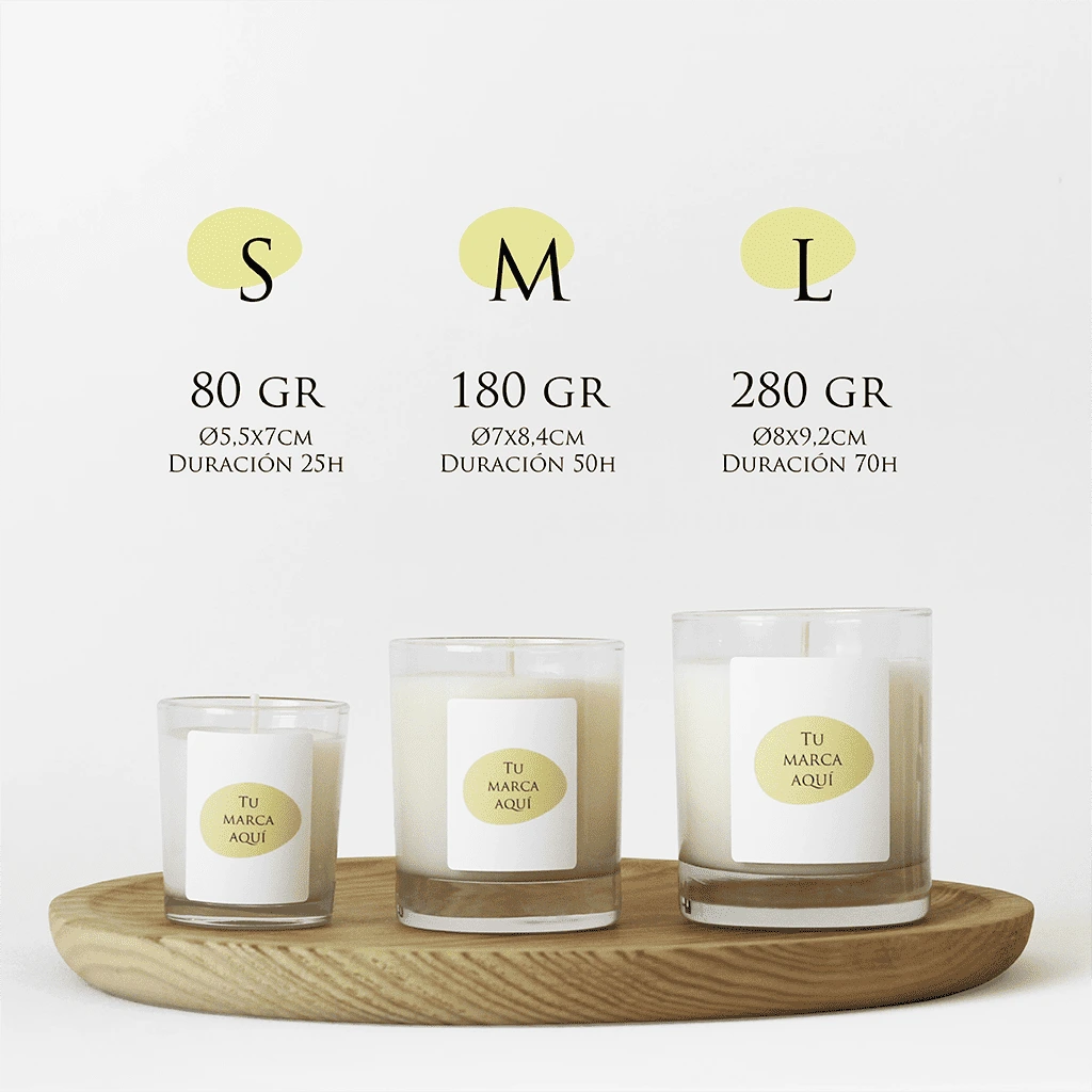 Velas Aromaticas Personalizadas, recipiente de cristal de alta calidad, en transparente, sin tapa,  hecha de cera natural 100% en tres tamaños: 80g, 180g y 280g