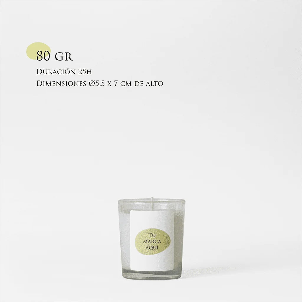 Velas Aromaticas Personalizadas, recipiente de cristal de alta calidad, en color transparente, hecha de cera natural 100% y un peso de 80g